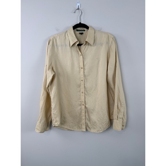 Lauren Ralph Lauren Tops - Lauren Ralph Lauren Shirt Beige M Linen Long Sleeve Roll Tab Button Down